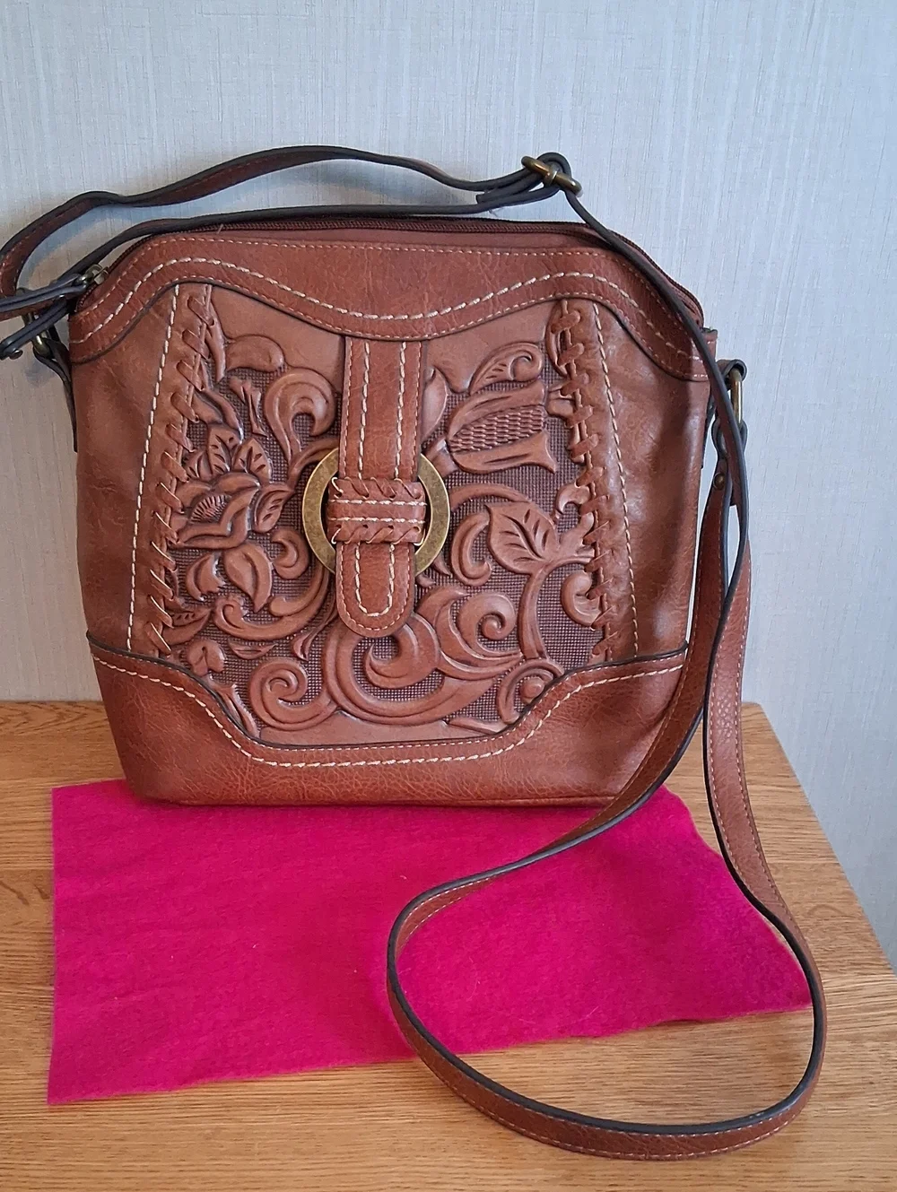 B.O.C. Women's Brown Leather Crossbody Bag with Floral Embossing